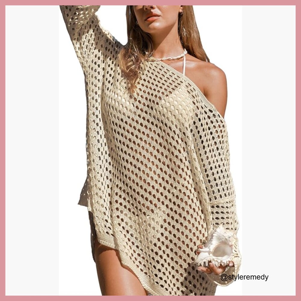 Crochet Swimsuit Cover Up One Shoulder Long Sleeve Beach Coverup